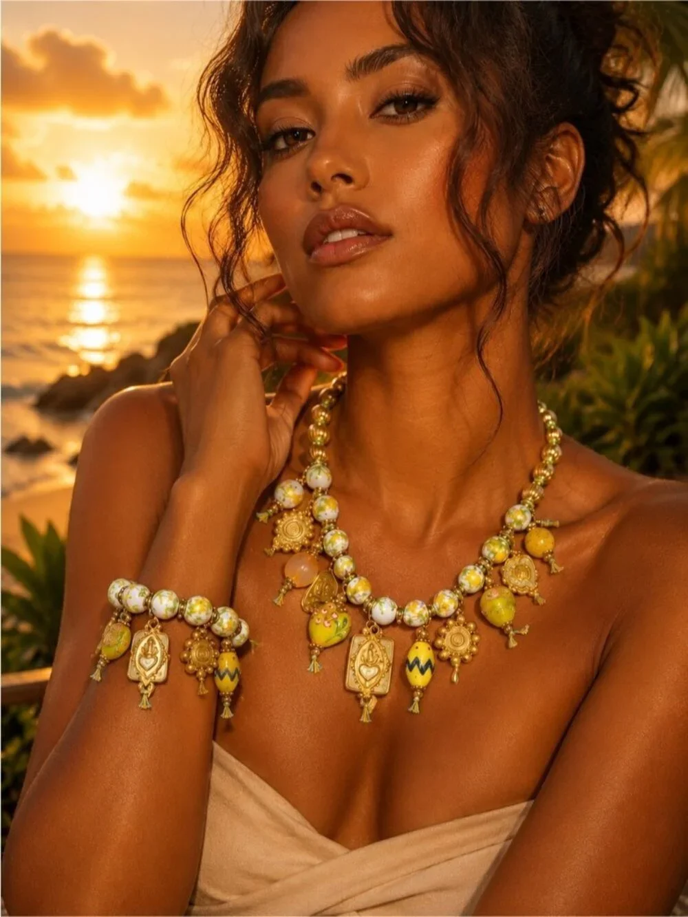 Gold-tone Necklace with Green, Yellow and White Beaded Charms
